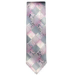 Stacy Adams Men’s Tie Gray Pink Checkered Floral Pattern Classic Neck Tie